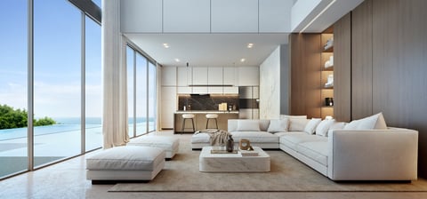 Modern condo living space with city view