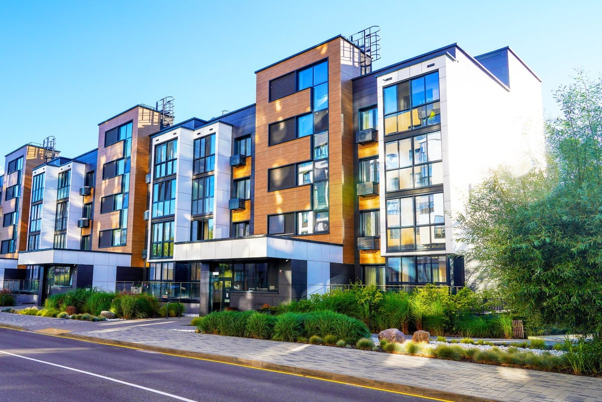 Modern residential building in contemporary architecture with landscaping