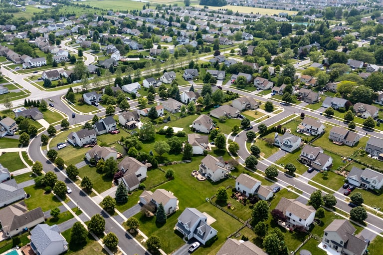 Modern suburban neighborhood aerial view