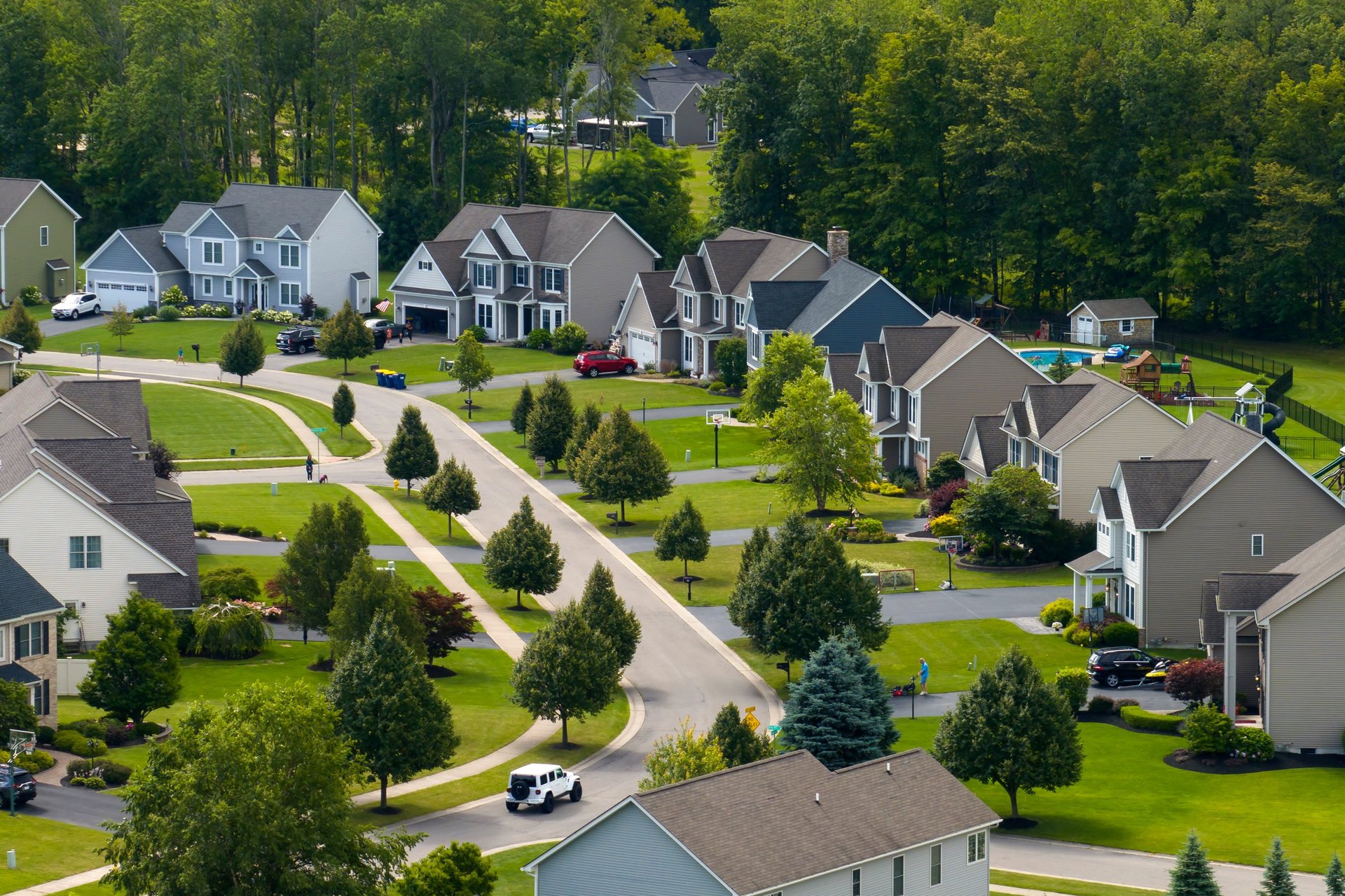 View from above of residential houses in a suburban family neighbourhood