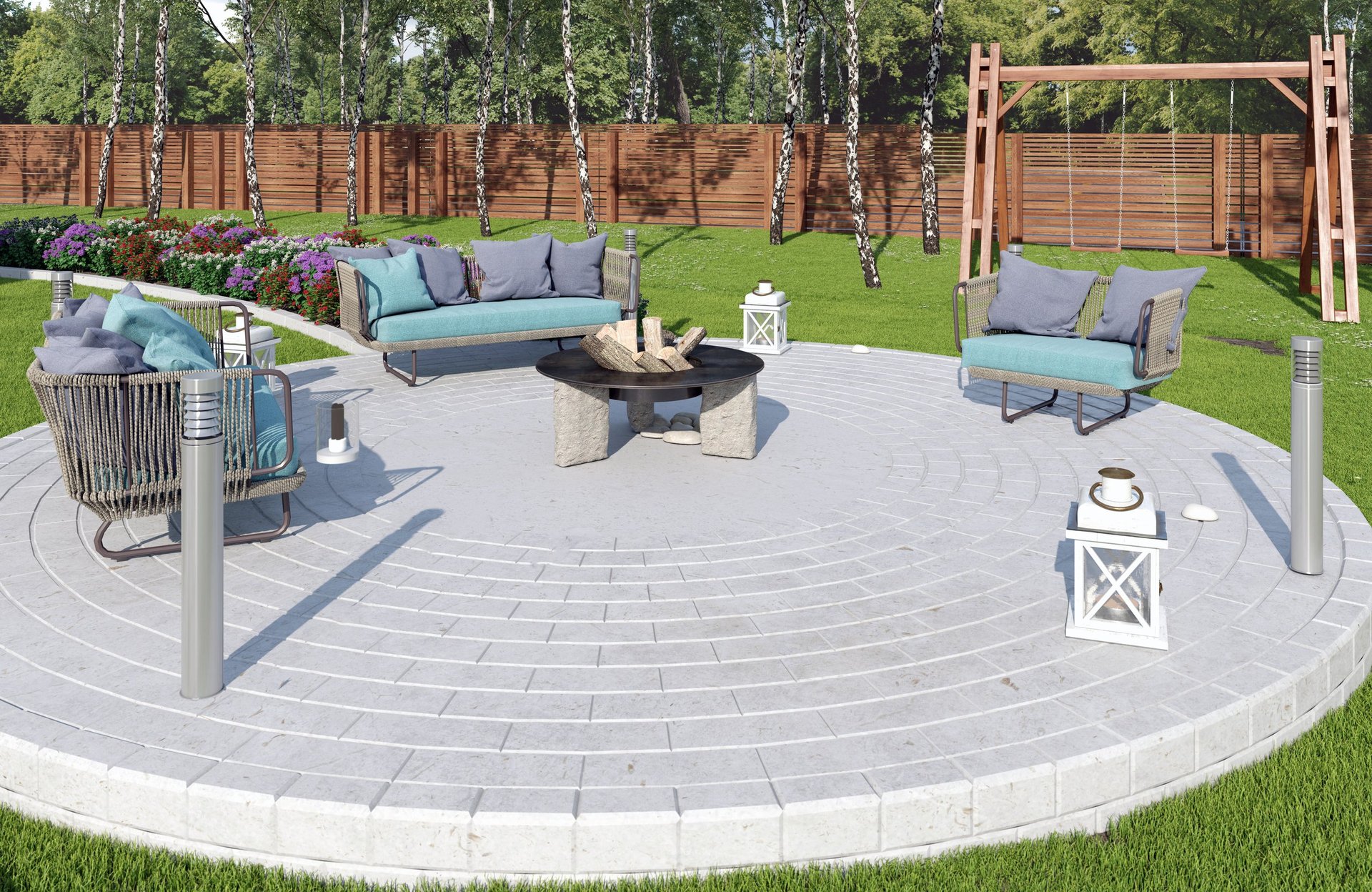 Beautiful landscaped backyard with circular stone patio, teal outdoor furniture, fire pit, and green lawn