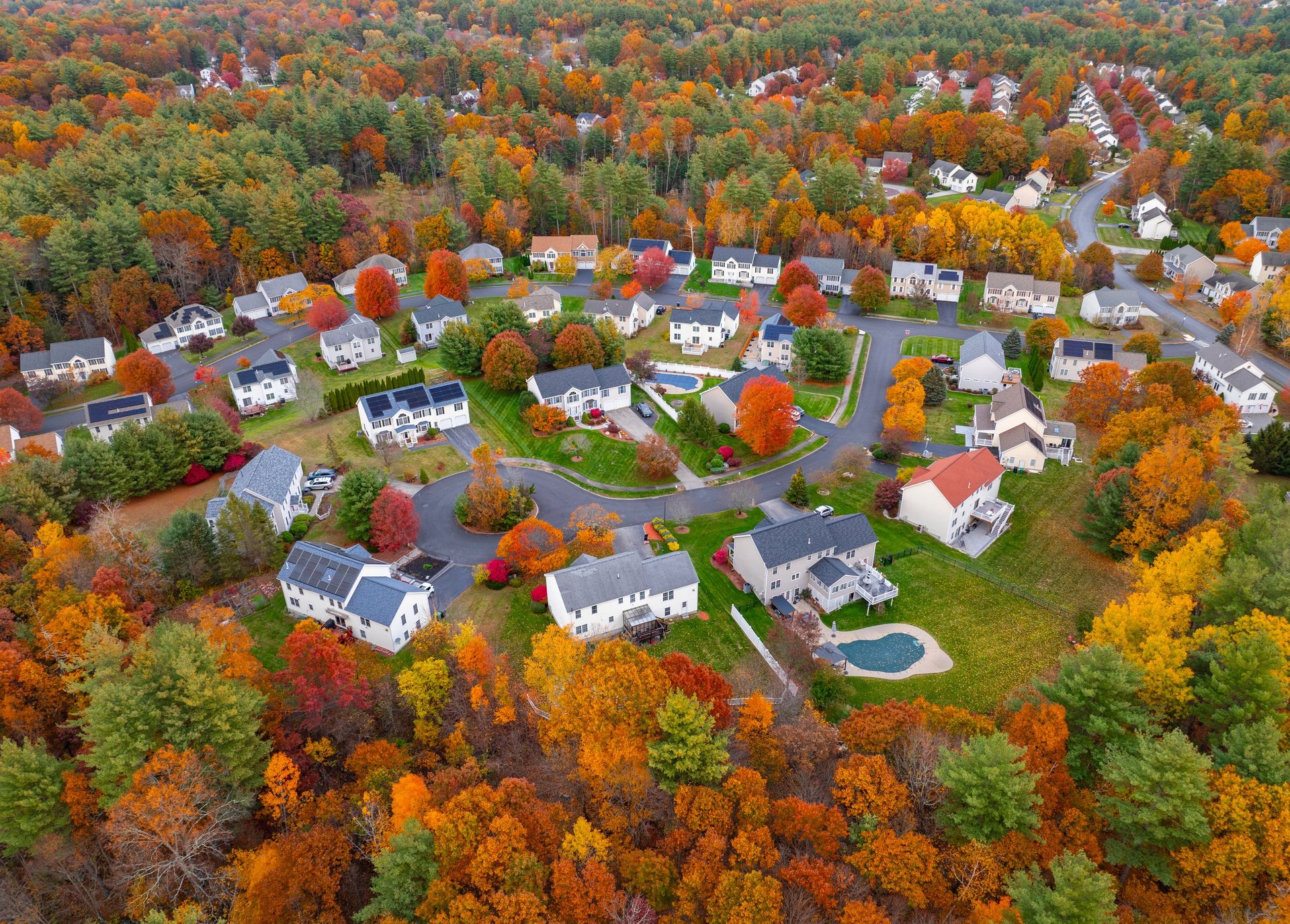 Aerial view of suburban housing community in autumn season with colorful trees